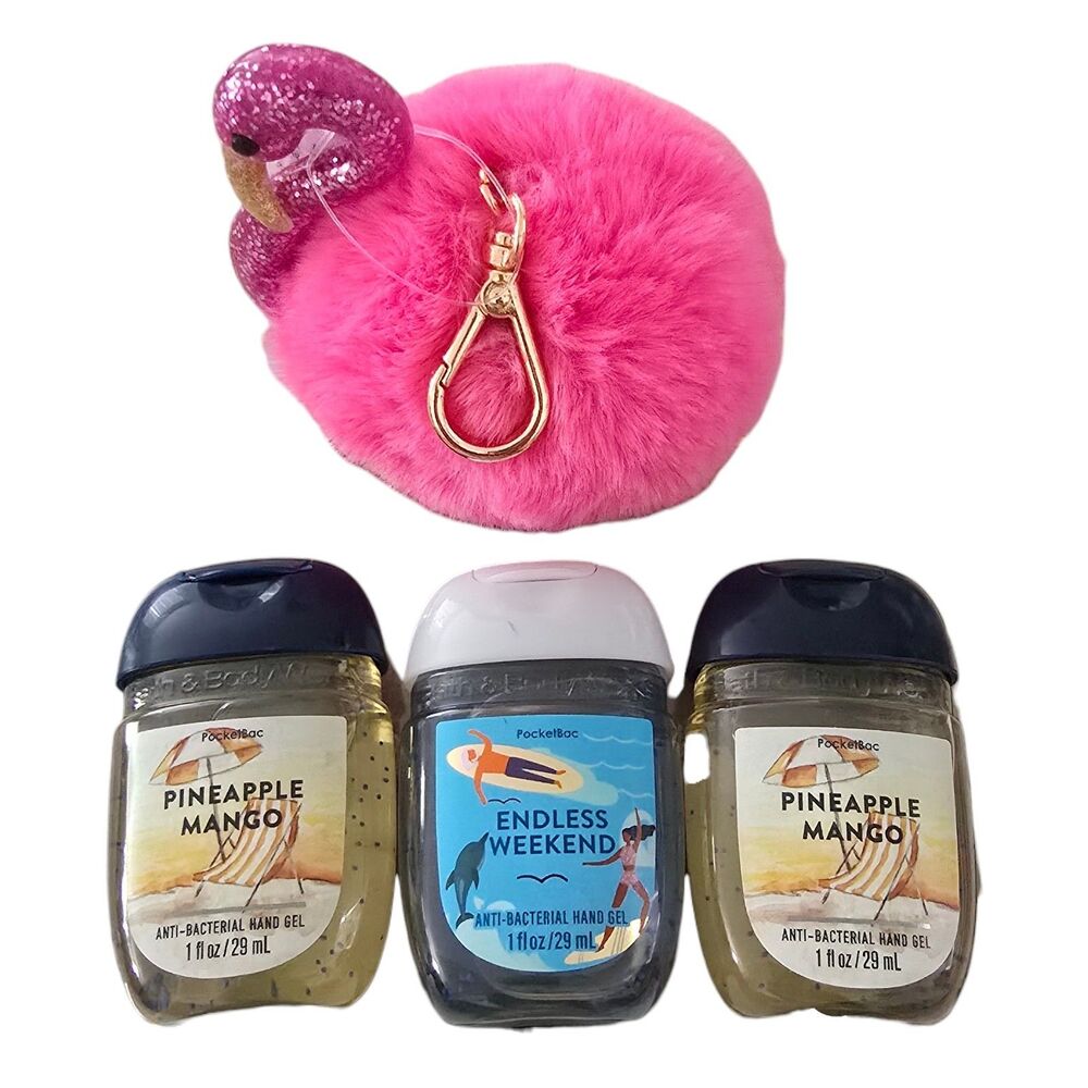 Bath & Body Works Pink Flamingo Pom PocketBac Holder 3 Sanitizers